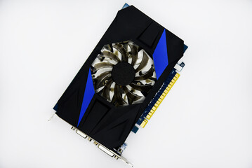 Blue graphics card with one fan on a white background. Accessories for computers. An electronic device.