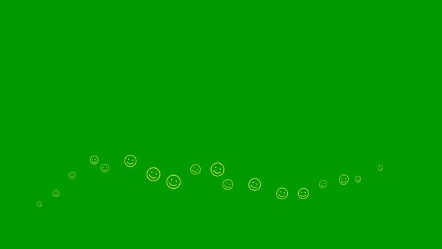 Animated symbols of smileys fly from left to right. A wave from yellow emoticons. Linear icons of smileys. Concept of mood. Looped video. Vector illustration isolated on green background.