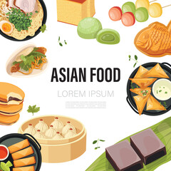 Asian food framing. Doodle traditional meal with spices and sauces, bowl noodles and soup, sushi on plate, soy sauce.
