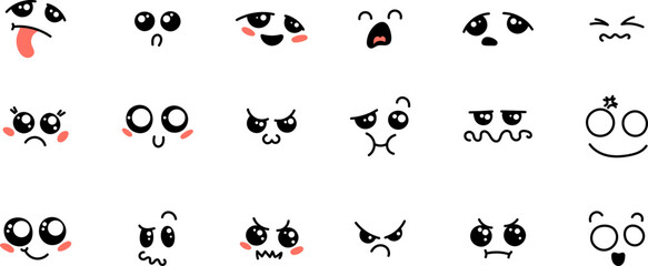 Fototapeta na wymiar Various Cartoon Emoticons Set. Doodle faces, eyes and mouth. Caricature comic expressive emotions, smiling, crying and surprised character face expressions