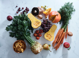 Flatlay fall produce top view. Autumn vegan cooking ingredients. Seasonal harvest background