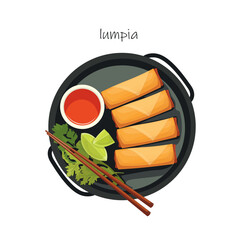 Chopsticks holding chinese spring rolls fried Lumpia isolated illustration vector.