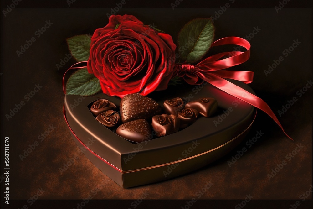 Aufkleber a heart shaped box with a rose and a chocolate in it on a red background with a ribbon around the bo