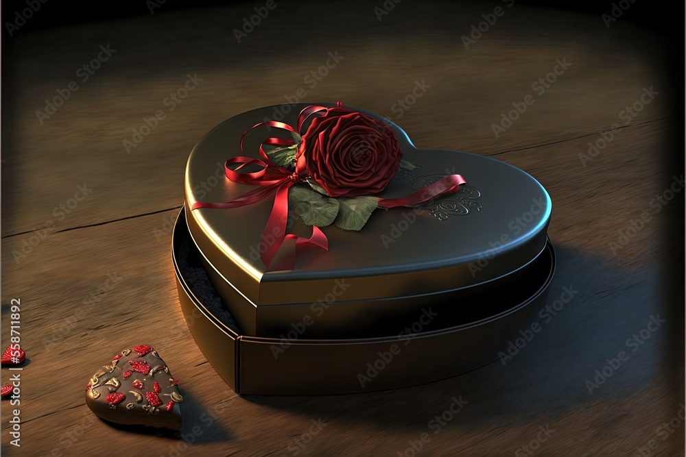 Poster a heart shaped box with a rose and a chocolate in it on a red background with a ribbon around the bo