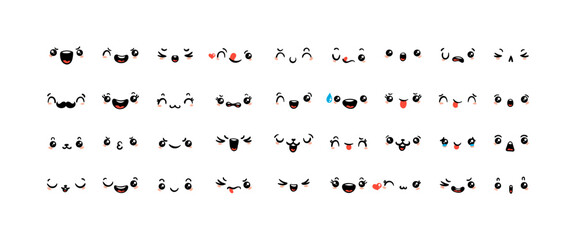 Various Cartoon Emoticons Set. Doodle faces, eyes and mouth. Caricature comic expressive emotions, smiling, crying and surprised character face expressions