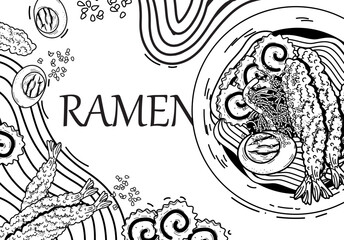 Traditional Japanese ramen and wave for restaurant printing on wallpaper.