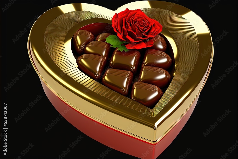 Poster a heart shaped box with a rose and a chocolate in it on a red background with a ribbon around the bo