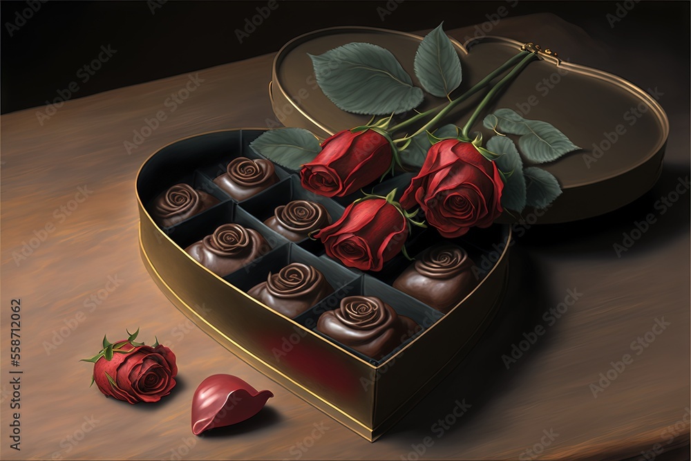 Aufkleber a painting of a heart shaped box with chocolates and roses in it and a chocolate box with chocolates