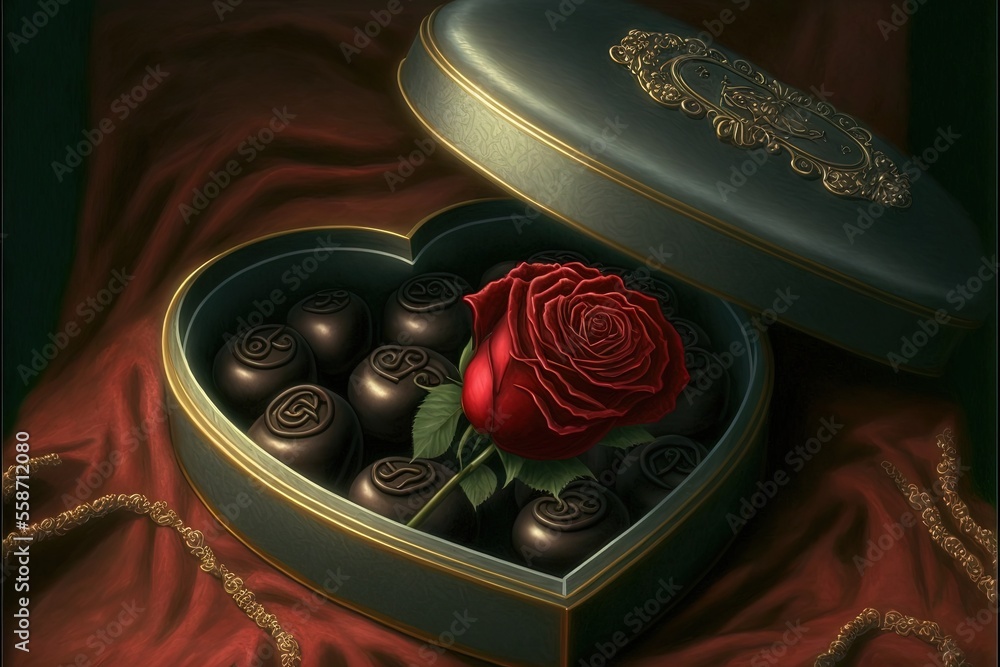 Poster a painting of a rose in a heart shaped box with chocolates in it on a red cloth background with a go
