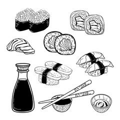 Vector illustration of sketch hand drawn set of sushi menu. Japanese, Chinese, Korean, asian food.