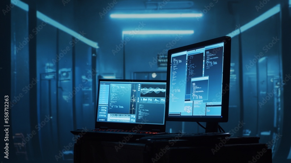 Wall mural computer screen over server room background. concept of hacker attack, virus infected software, dark