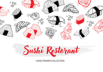 Vector card design with ink hand drawn sushi illustration. Vintage template with traditional asian food sketch.