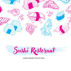 Vector card design with ink hand drawn sushi illustration. Vintage template with traditional asian food sketch.