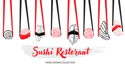 Vector card design with ink hand drawn sushi illustration. Vintage template with traditional asian food sketch.
