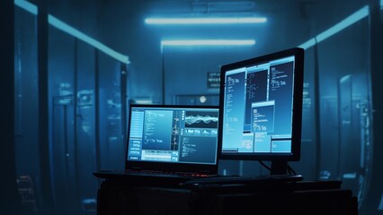 Computer screen over server room background. Concept of Hacker Attack, Virus Infected Software, Dark Web and Cyber Security.