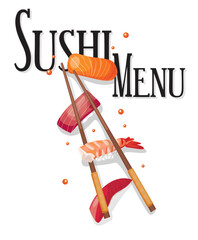 Sketch drawn vector illustration of sushi rolls set and chopsticks in motion.