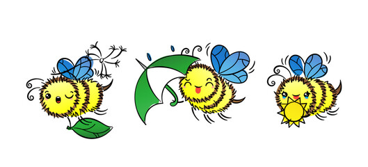 Kawaii Flying Bee with various things. Cartoon isolated on white background. Cute doodle illustration