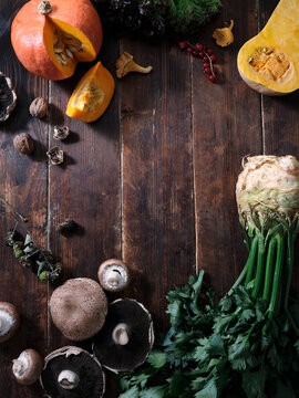 Flatlay fall produce top view. Autumn vegan cooking ingredients. Seasonal harvest background