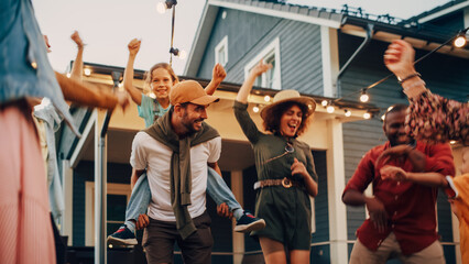 Portrait of a Beautiful Multiethnic Female Dancing and Having Fun on a Porch of a Residential Home. Young Female, Full of Joy and Positive Attitude, Relaxing at a Summer Garden Party.