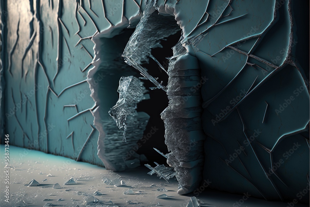 Poster a broken wall with a hole in it and a broken window in the middle of it with a crack in the wall and