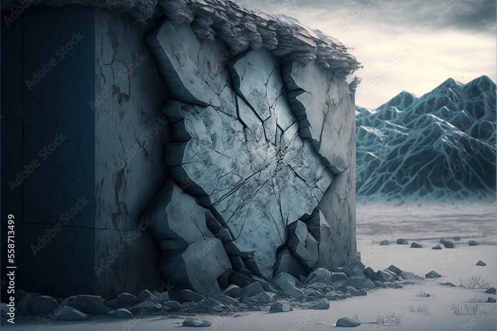 Poster a stone structure with a roof and a broken window in the middle of a desert landscape with mountains