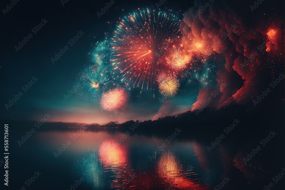 Poster  a colorful fireworks display over a body of water with a reflection in the water and a reflection of the sky in the water and a reflection of the water below the image Generative AI