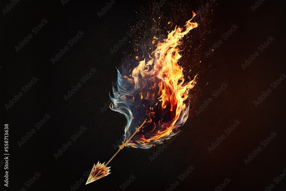 Poster a fire arrow with a flame on it's end is shown in the middle of a dark background with a diagonal di