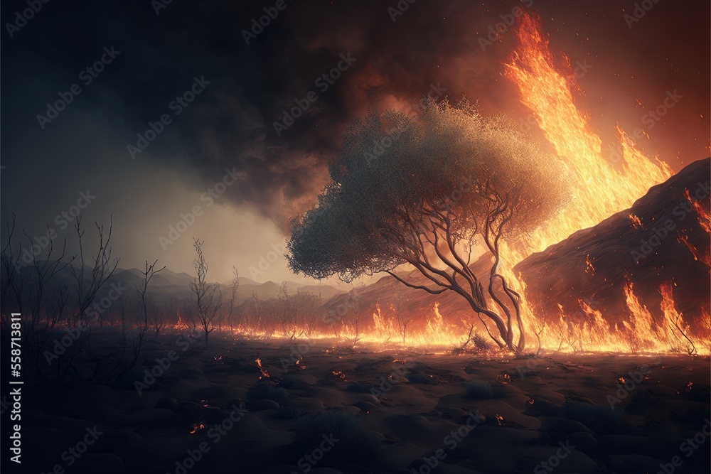 Poster a tree on fire in the middle of a field with a mountain in the background and a sky filled with smok