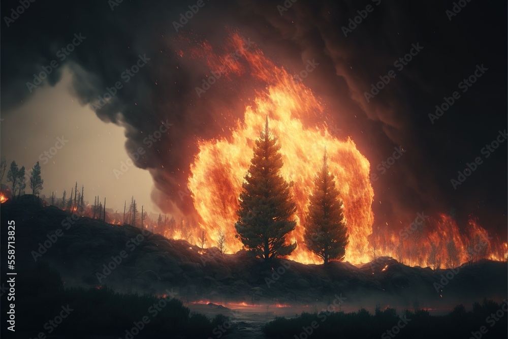 Poster a large fire is burning in the sky over a forest and a river in the foreground with trees in the for