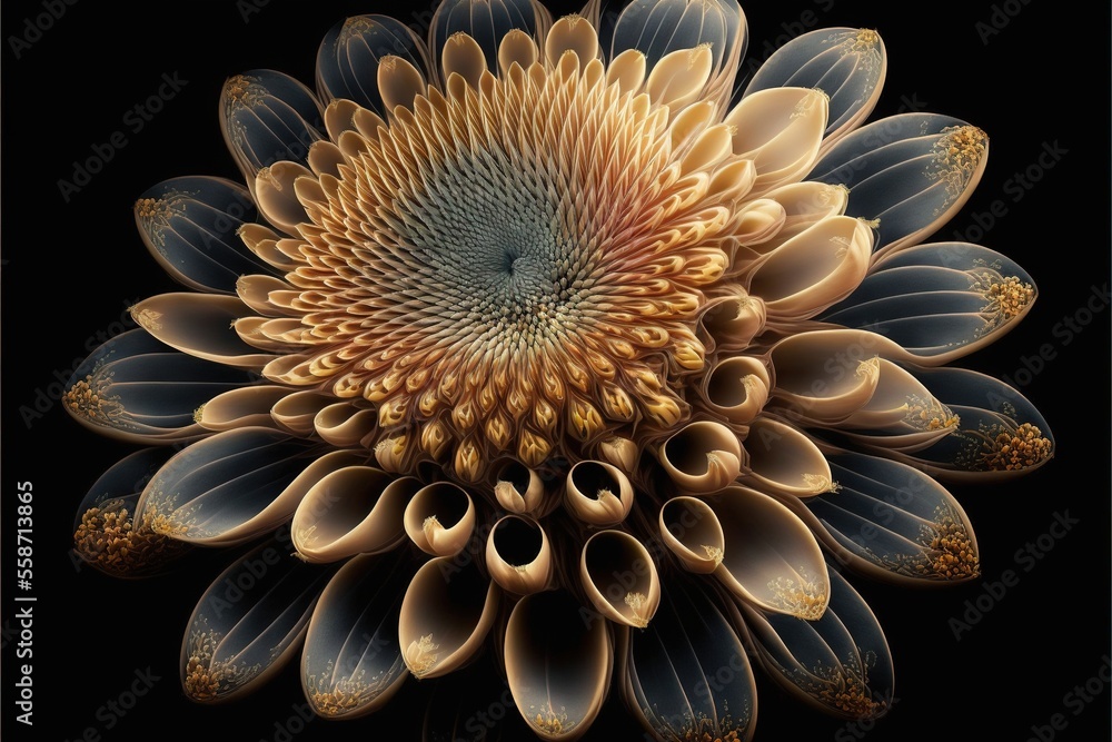 Poster a computer generated image of a flower with a black background and a gold and blue center piece in t