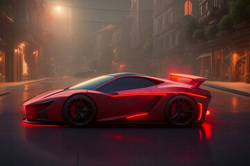 Fototapeta na wymiar A car in a night city with red lighting..