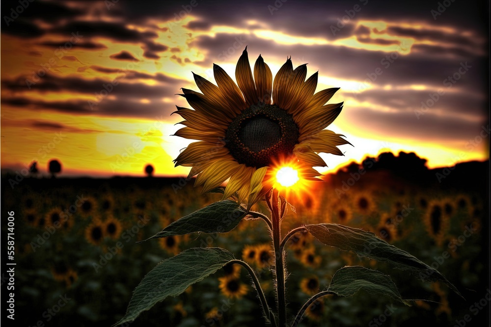 Poster a sunflower in a field with the sun setting in the background and clouds in the sky above it. genera