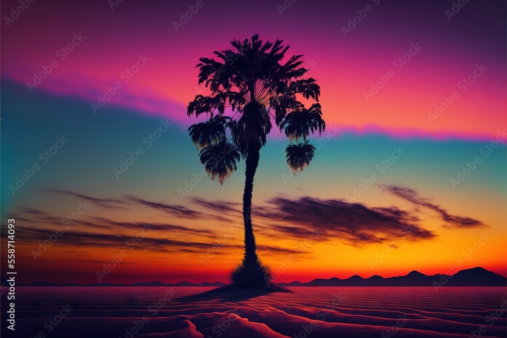 Poster a palm tree is silhouetted against a colorful sunset over a mountain range in the distance is a low 
