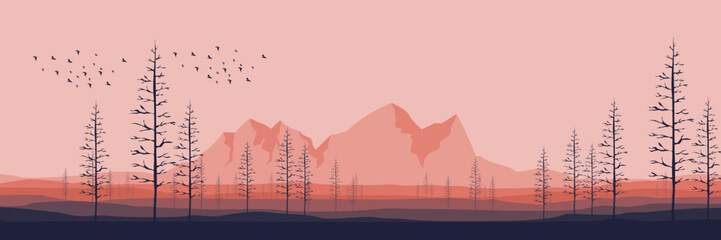 forest silhouette with sunset mountain view landscape vector illustration good for web banner, ads banner, tourism banner, wallpaper, background template, and adventure design backdrop