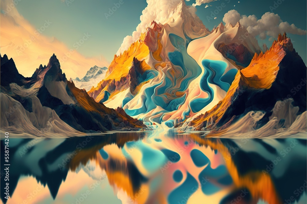 Poster a painting of a mountain range with a lake in front of it and clouds in the sky over the top of the 