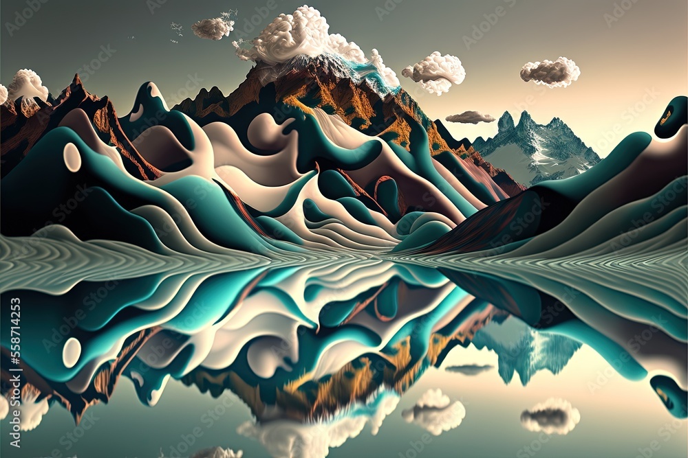 Poster a painting of a mountain range with a body of water in front of it and clouds in the sky above it an
