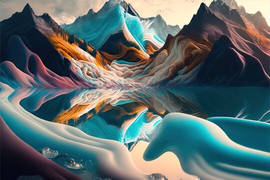  a painting of a mountain range with a body of water in the foreground and a reflection of the mountain range in the water in the middle of the image. Generative AI