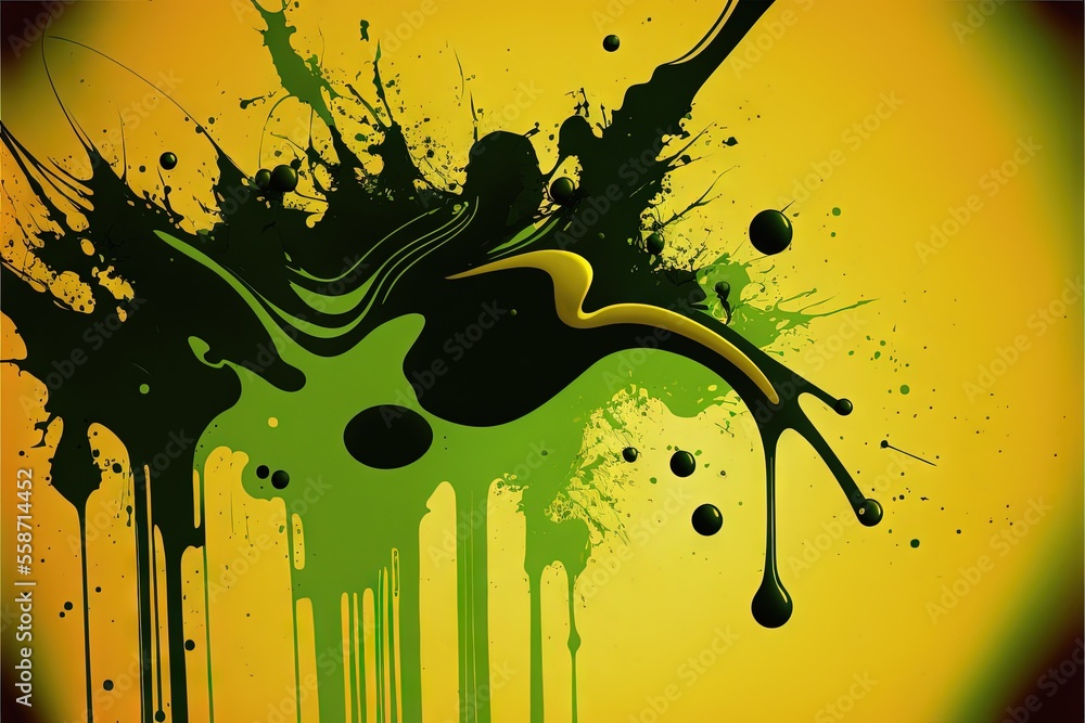 Poster a yellow and green background with a splash of paint on the bottom of the image and a black and yell