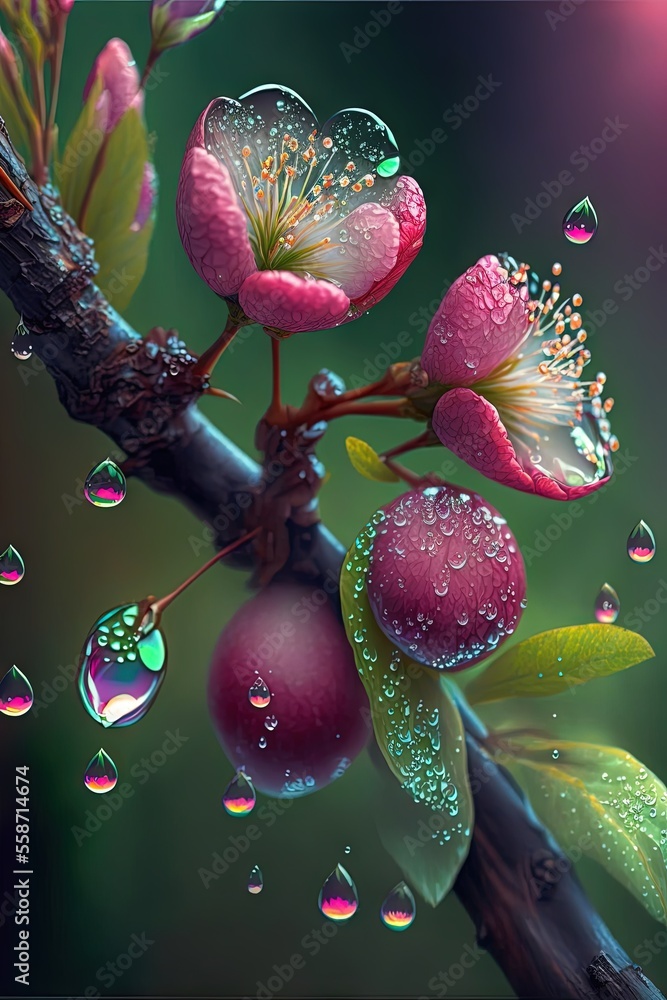 Poster a branch with water droplets on it and a flower on the branch with leaves and buds on the end of the