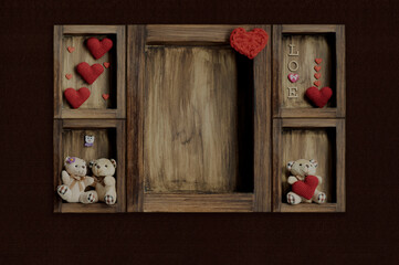 Newborn digital backdrop with wooden rustic boxes, teddy bear and handmade crochet hearts. Newborn...