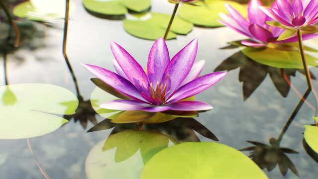 Slow motion of pink lotus flower on water waves and sky reflection. 3D animation.