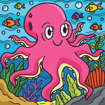 Octopus Marine Animal Colored Cartoon Illustration