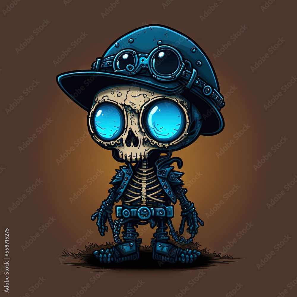 Poster a skeleton wearing a hat and goggles with a camera on its head and a camera in its hand. generative 