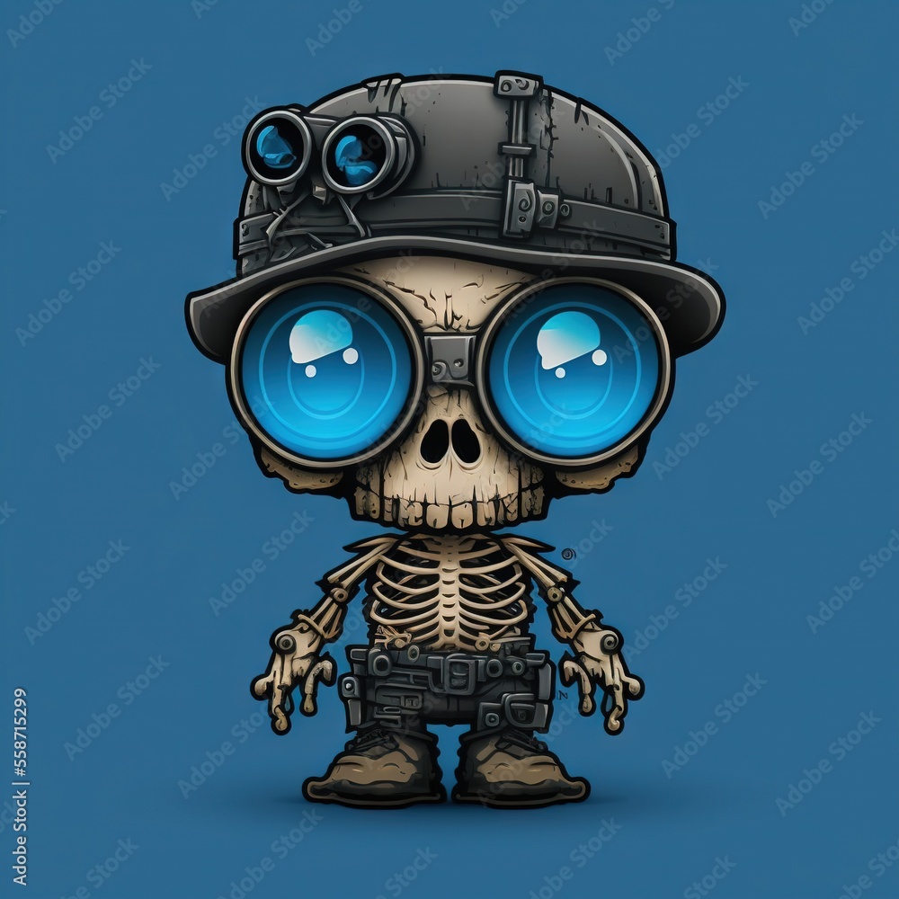 Poster a skeleton with a helmet and goggles on it's head is standing in front of a blue background with the