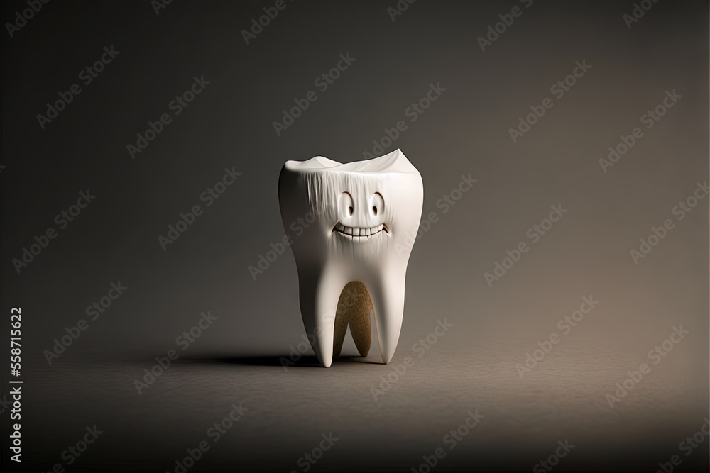 Poster a tooth shaped like a tooth with a smile on it's face and a toothbrush holder in the shape of a toot