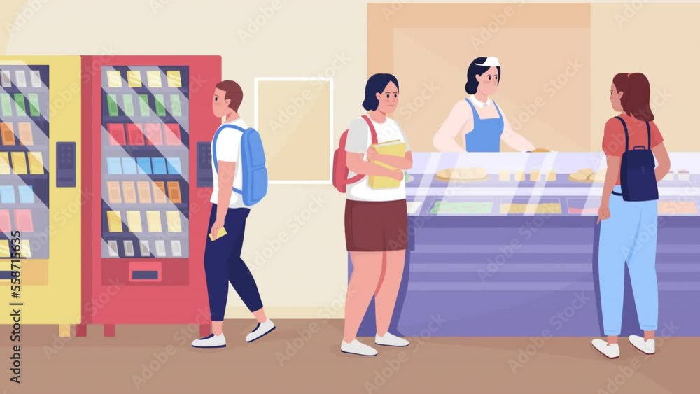 Poster animated high school cafeteria. food service. lunch program. students. looped flat color 2d cartoon 