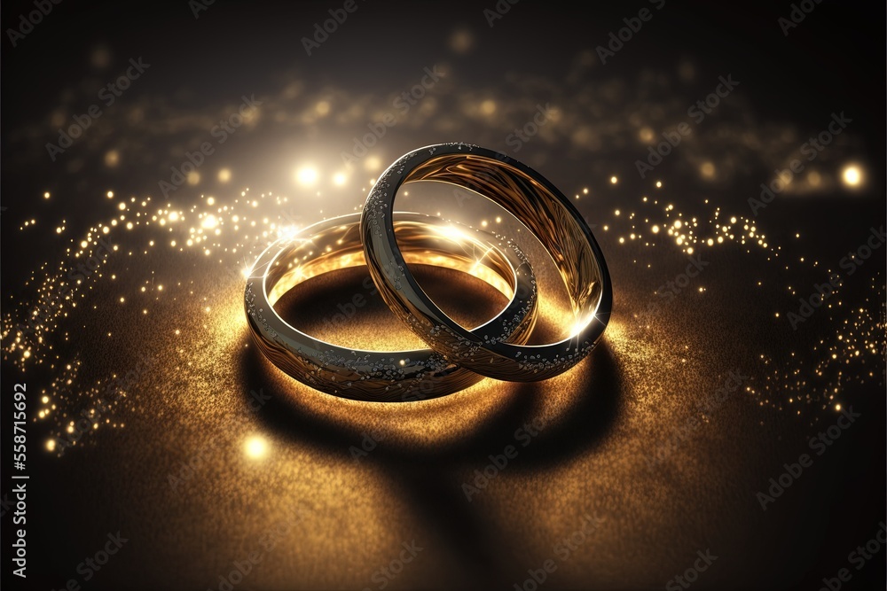 Poster two gold wedding rings on a shiny surface with sparkling lights in the background and a sparkle effe