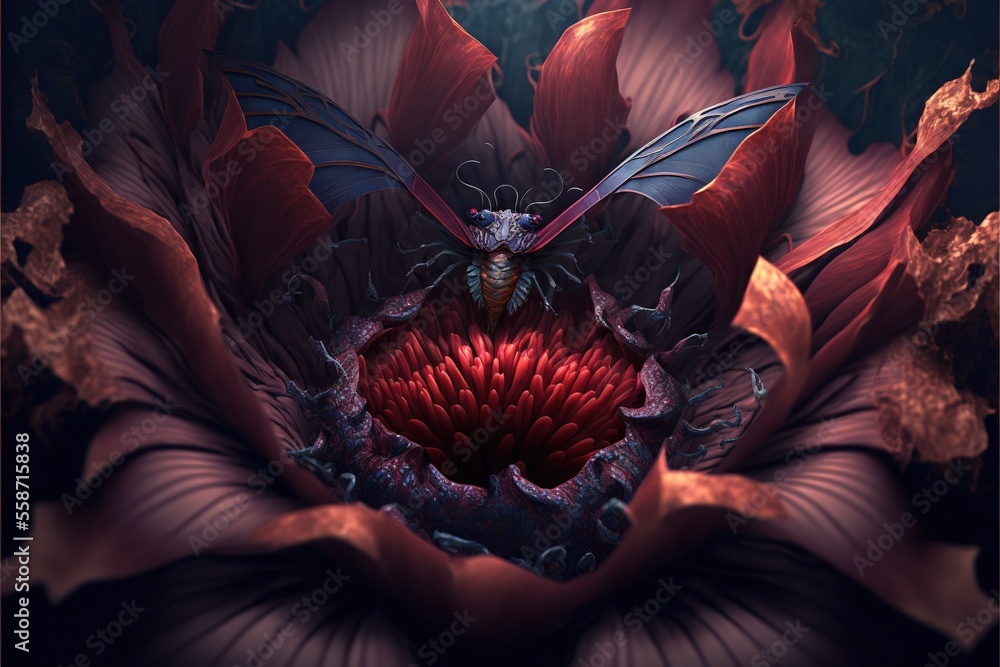 Poster a large red flower with a bat on it's back end in the middle of the flower. generative ai