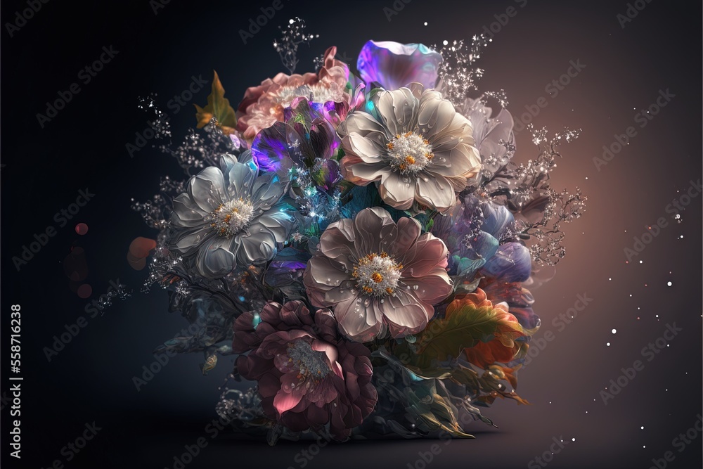 Poster a bunch of flowers that are on a black surface with a light shining on them and some bubbles in the 