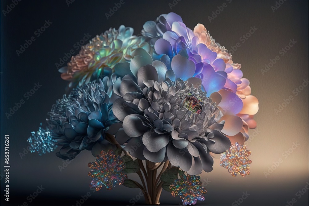 Poster  a bunch of flowers that are in a vase on a table with a black background and a blue border around the edges of the picture and bottom half of the flowers are in Generative AI
